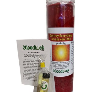 May include: A red candle jar with the text "Destroy Everything Arrasa con Todo" and a small image of a sun with a spiral pattern. The candle jar is accompanied by a small clear glass bottle with a yellow label and a small capsule.