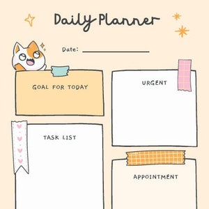 May include: A daily planner with a cute cartoon cat illustration. The planner has sections for goals, tasks, appointments, and notes. The planner is decorated with washi tape and hearts.