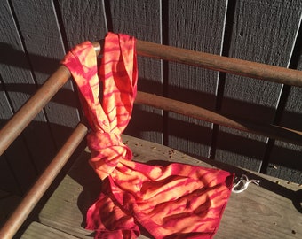 Fire Red and Orange Arashi Shibori Dyed Bamboo Rayon Scarf / Headwrap