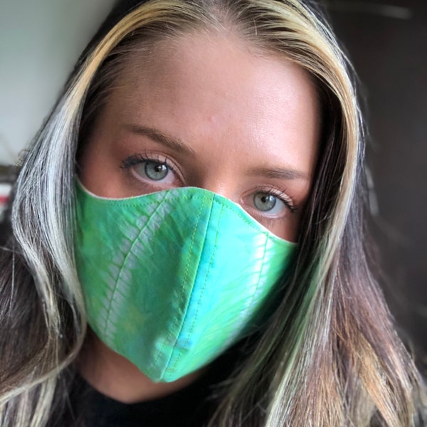 Neon Green Shibori Dyed Face Mask/Covering With Pocket For Filter