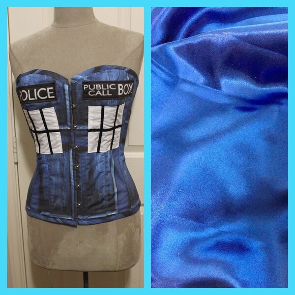 Special SALE : SOLID Blue Satin Victorian Overbust Tardis Police Box Doctor Who Corset Steel Boned Custom read full description please
