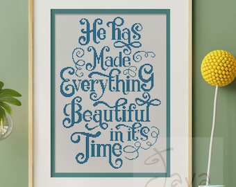 Eclesiastés 3:11 Versículo bíblico para bordado en punto de cruz cristiano Descarga instantánea en PDF Patrón de bordado en punto de cruz monocromo