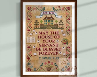 2 Samuel 7:29  Christian Home Blessing Cross Stitch Pattern PDF | Antique Bible Verse Sampler Digital Download |  Easy Chart Beginner Level