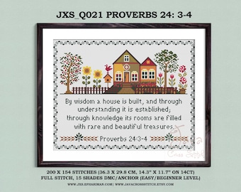 Proverbios 24:3-4 Versículo bíblico cristiano para bordado en cruz, descarga instantánea, patrón en PDF, muestrario primitivo