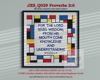 Mondrian Style Bible Verse Cross Stitch Pattern for Beginners | Proverbs 2:6 Christian Library Decor Digital Download | Modern Geometric Art