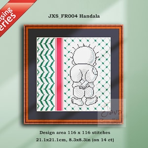 以下が含まれることがあります： 伝統的なパレスチナのケフィエを着用した子供のクロスステッチパターン。テキストは「JXS_FR004 Handala」と「Design area 116 x 116 stitches 21.1x21.1cm, 8.3x8.3in (on 14 ct)"です。