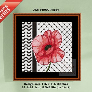 以下が含まれることがあります： 黒と白のパターンを背景に、赤いポピーの花が描かれたクロスステッチパターン。デザインエリアは116 x 116ステッチ、14カウントのファブリックで8.3 x 8.3インチです。