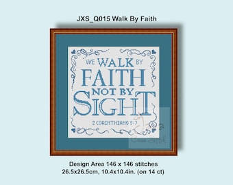 Camina por fe. Punto de cruz cristiano. Versículo bíblico de 2 Corintios 5:7. Descarga instantánea en PDF. Patrón de punto de cruz.