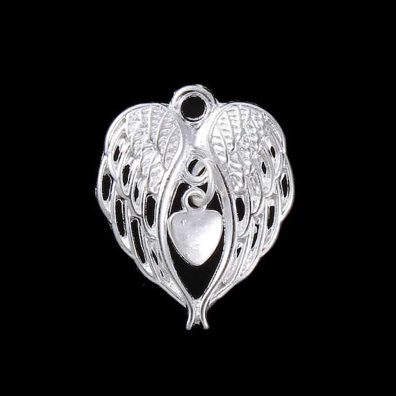2 x VERY LARGE SILVER HEART SHAPE ANGEL WING 2 Hole CONNECTOR CHARM PENDANT 69mm