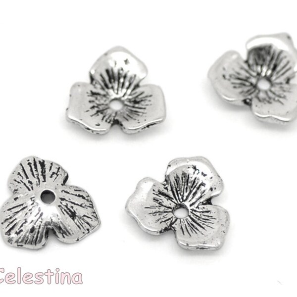 20 Antique Silver Bead Caps Flower Cup - 11mm x 10mm Bead Cone NF LF CF - Clover with Stripe Design -  BC38