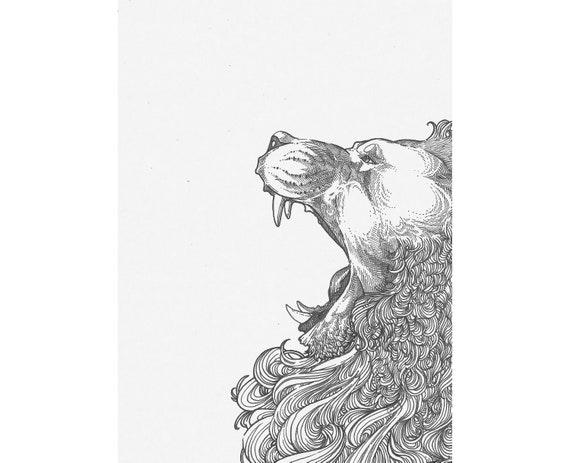 Roaring Lion Profile Roar Mane Wild African Animal Baby Nursery Poster 8x10 Small Prints Art Illustration Drawing Black White