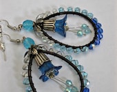 BUDS BLOSSOMS Beaded Wire Wrap Hoop Earrings, Blue Flower Earrings, Long Dangle Earrings, Vintage Style, Lucite Flower Earrings, Ravengirl