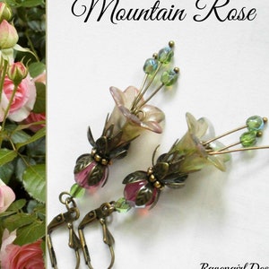 MOUNTAIN ROSE Pink Green Lucite Flower Earrings, Hand Pained, Czech Crystal Earrings, Vintage Style, Garden Wedding, Gift, Ravengirl