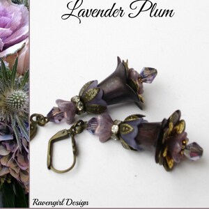 LAVENDER PLUM Vintage Style Lucite Flower Earrings, Hand Painted Lucite Earrings, Long Dangle, Crystal, Lily Flower, Bridesmaids, Ravengirl