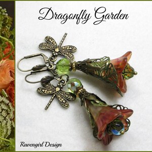 DRAGONFLY GARDEN Green Lucite Flower Earrings,  Hand Painted Lucite Earrings, Czech Crystal Earrings, Vintage Style, Boho Flower, Ravengirl
