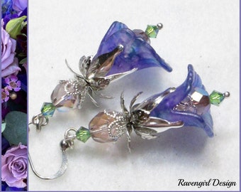 ROMANCE Lavender Green Lucite Flower Earrings, Swarovski Crystal Earrings, Long Dangle, Vintage Style, Victorian Purple Earrings, Ravengirl