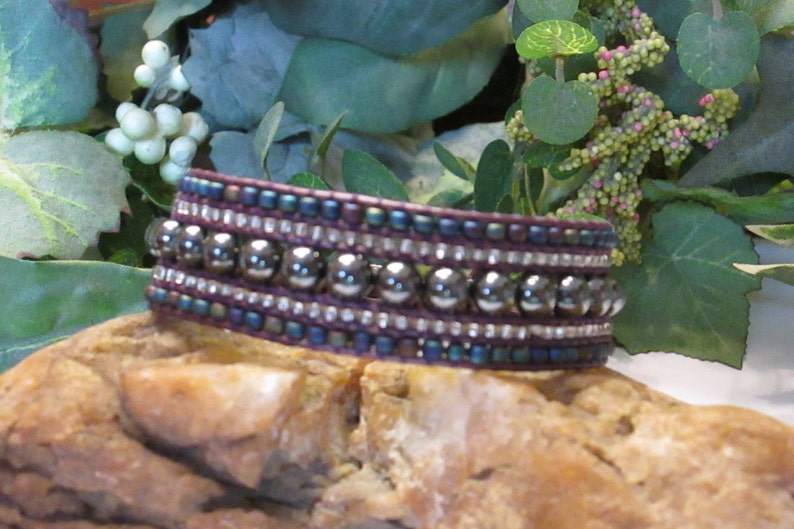 Boho Style 5 Row Silver Beded Leather Cuff Purple Vintage Style Grey Ravengirl MYSTIC Gemstone Leather Wrap Bracelet Handmade