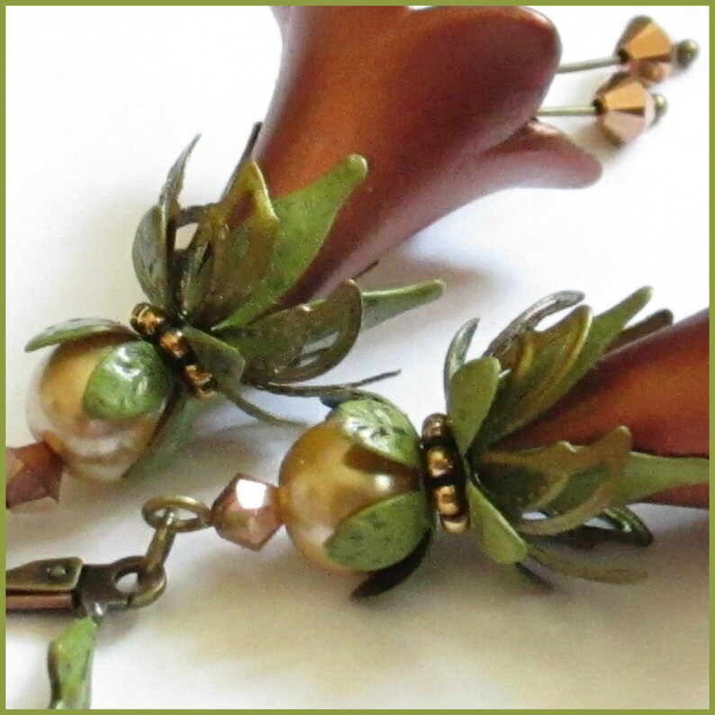 AUTUMN HUES Vintage Style Flower Earrings Ravengirl Copper Coral Green Earrings Hand Painted Earrings Long Dangle Victorian Earrings