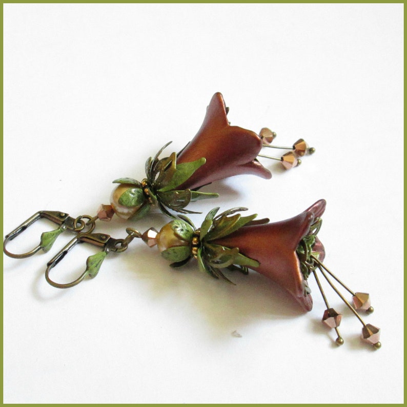 AUTUMN HUES Vintage Style Flower Earrings Ravengirl Copper Coral Green Earrings Hand Painted Earrings Long Dangle Victorian Earrings