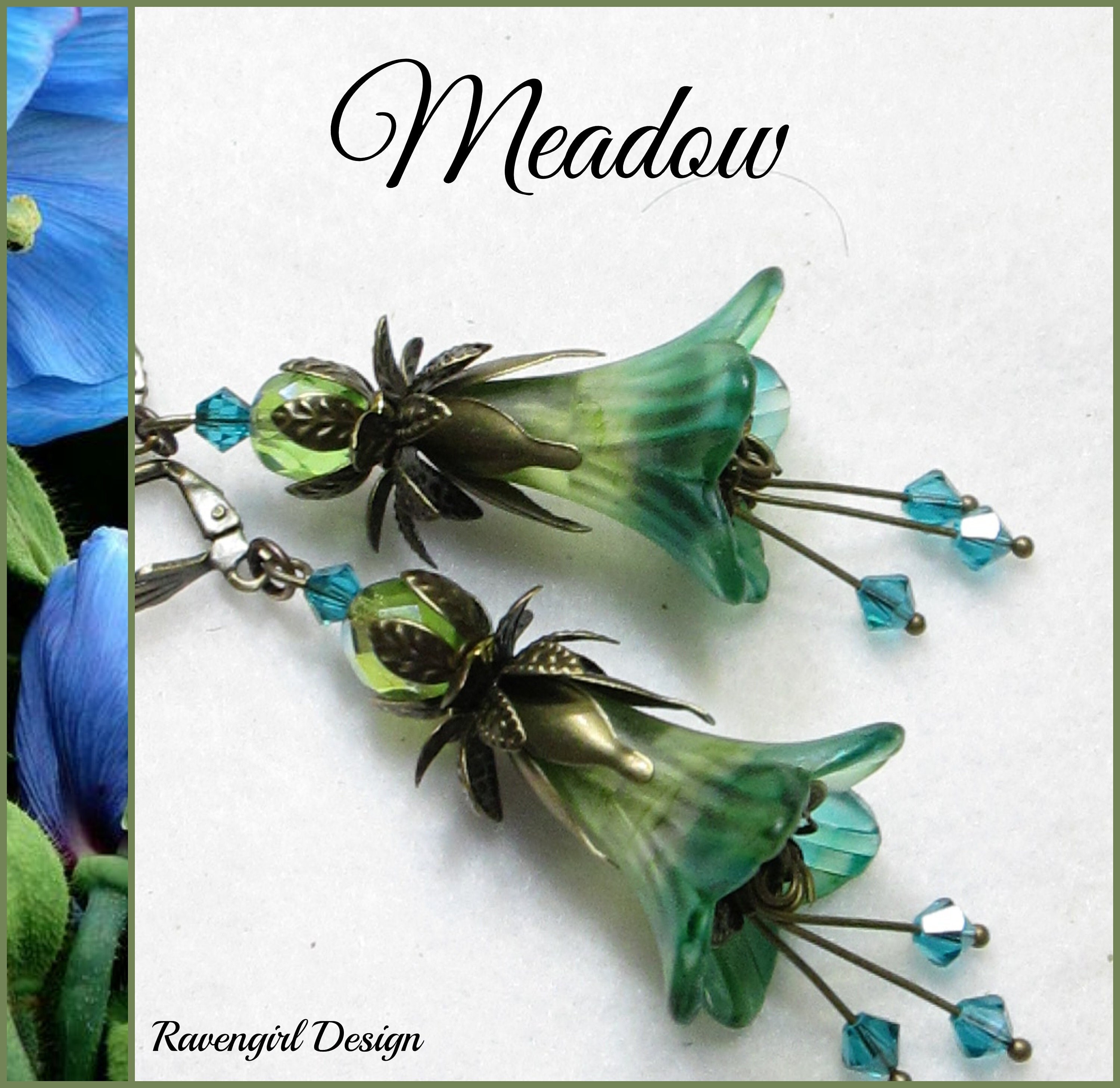 MEADOW Lucite Trumpet Flower Earrings, Bridesmaid, Modern Bride, Gift for Her, Long Dangle, Teal, Green, Vintage Style, Handmade, Ravengirl