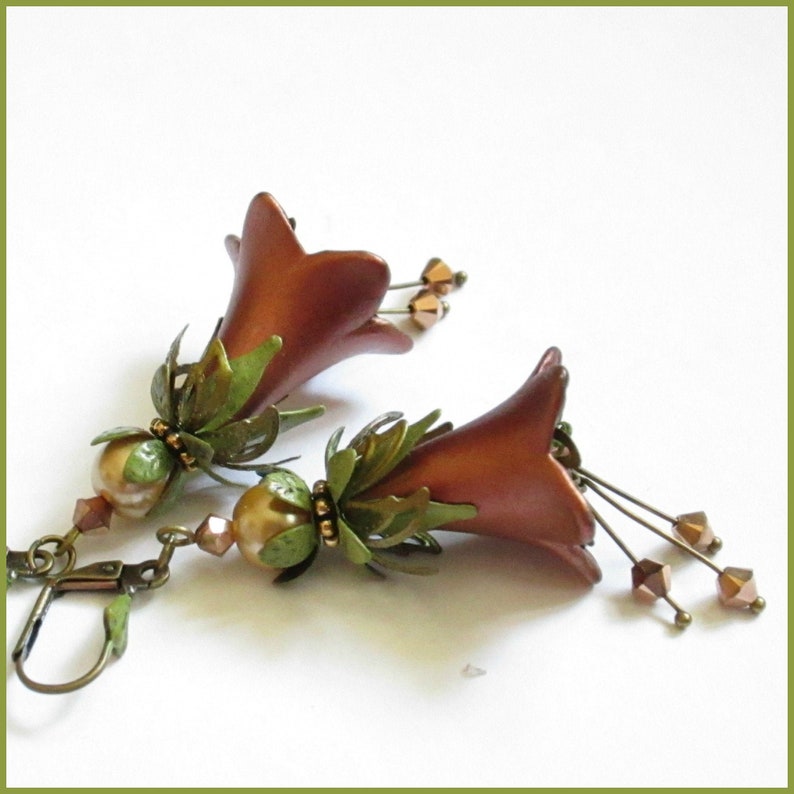 AUTUMN HUES Vintage Style Flower Earrings Ravengirl Copper Coral Green Earrings Hand Painted Earrings Long Dangle Victorian Earrings
