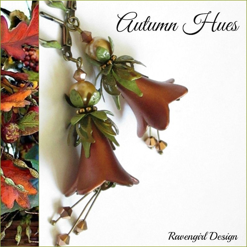 AUTUMN HUES Vintage Style Flower Earrings Ravengirl Copper Coral Green Earrings Hand Painted Earrings Long Dangle Victorian Earrings