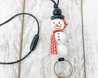 Snowman Teacher Lanyard: Wooden Bead ID Badge Holder