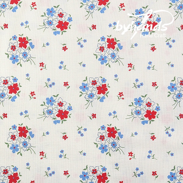 Feedsack Style Fabric - Byhands Wild Flower Feedsack Color Printed Fabric - Blue Red (FL04-009)