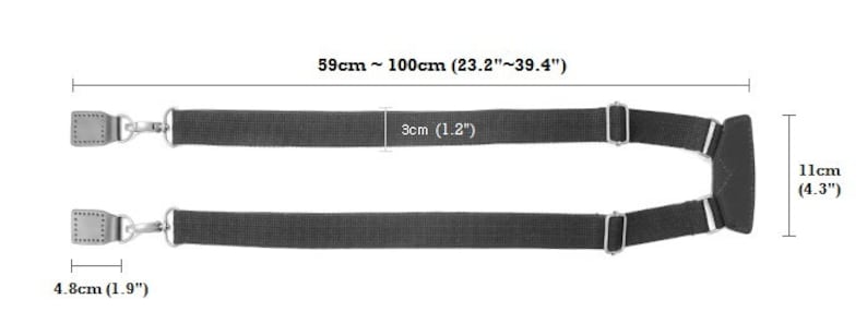 May include: Black adjustable straps with silver buckles and a black padded piece. The straps are 23.2 to 39.4 inches long and 1.2 inches wide. The padded piece is 4.3 inches long.