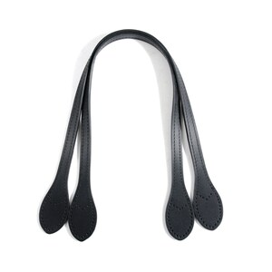 May include: A pair of black bag handles featuring a curved arch design. Each handle has two teardrop-shaped attachment ends with visible perimeter stitching. The smooth, dark material forms a continuous loop, providing a functional grip for a bag.