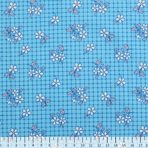 Feedsack Style Fabric - Byhands Checkered Flower Feedsack Color Printed Fabric - Blue (FS-01)