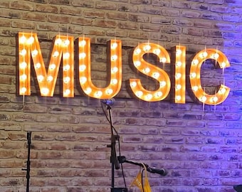 Music Marquee Sign, Music Lighted Metal MARQUEE SIGN, Carnival Marquee Letter, Music Marquee: Vintage Style Marquee Music Sign in Block Font