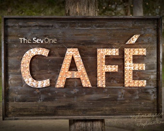 Custom CAFE  Marquee Sign, CAFE custom signs, Business sign, venue sign, Marquee lighted letters & Wood background CAFE Sign