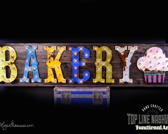 Custom Marquee Sign 2'x8', custom signs, LIGHTED METAL Marquee SIGN, Business sign, venue sign, Marquee lighted letters & Wood background