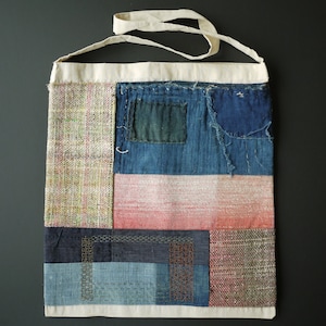 Peut inclure: Un sac fourre-tout en patchwork composé de différents tissus, dont du denim, du tissu tissé et un tissu rose clair. Le sac a une bandoulière en toile blanche.