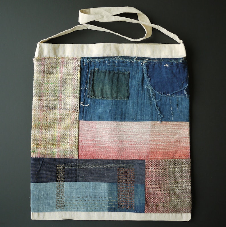 tote bag with indigo and handwoven patches image 1