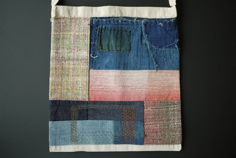 tote bag with indigo and handwoven patches image 2