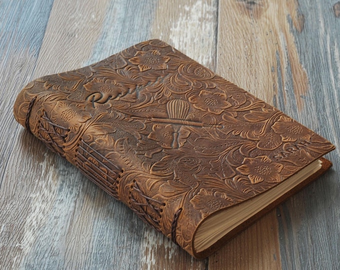 Personalized Leather Recipe Book, Embossed Floral Cookbook