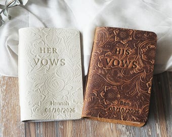 Personalized Boho Wedding Vow Booklets, Luxury His Her Vow Books,  Tooled floral Leather