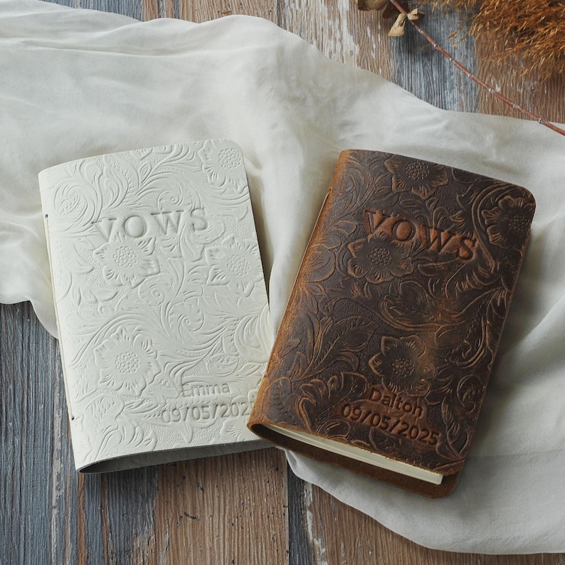 Boho Wedding Vow Books, Personalized Vow Booklets, Tooled floral Leather Vow Books, Luxury Vow Books, His Her Vow Books