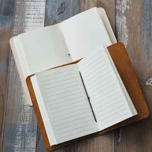 May include: Two open notebooks with blank, lined pages. One notebook has a tan leather cover, and the other has a light pink cover. The notebooks are on a wooden surface with a mix of gray, brown, and blue tones.