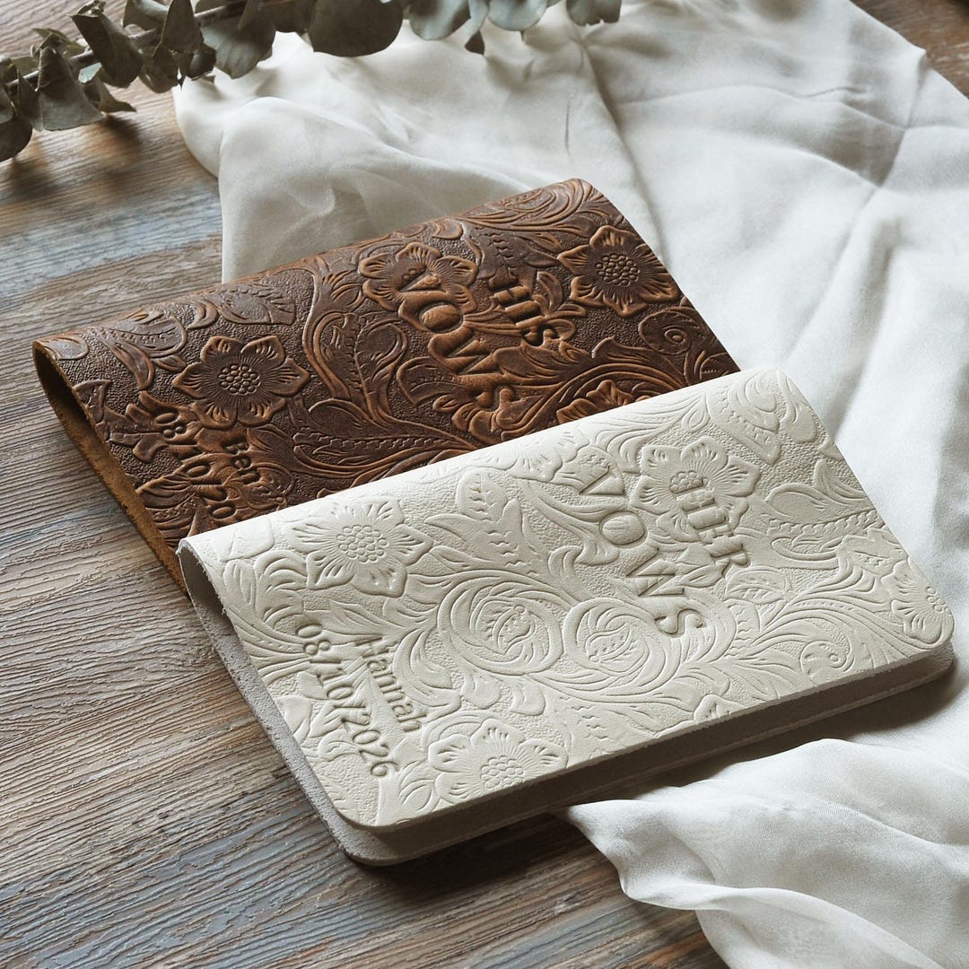Boho Wedding Vow Booklets, Personalized, Tooled floral Leather, Luxury His Her Vow Books