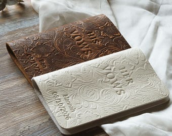 Boho Wedding Vow Booklets, Personalized, Tooled floral Leather, Luxury His Her Vow Books