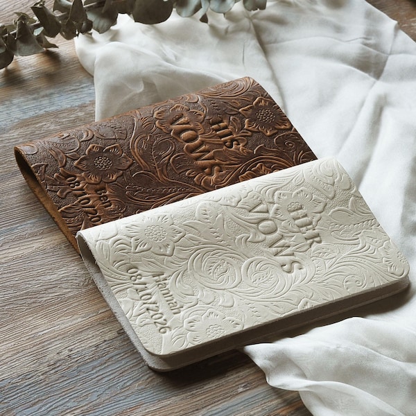 Boho Wedding Vow Booklets, Personalized, Tooled floral Leather, Luxury His Her Vow Books