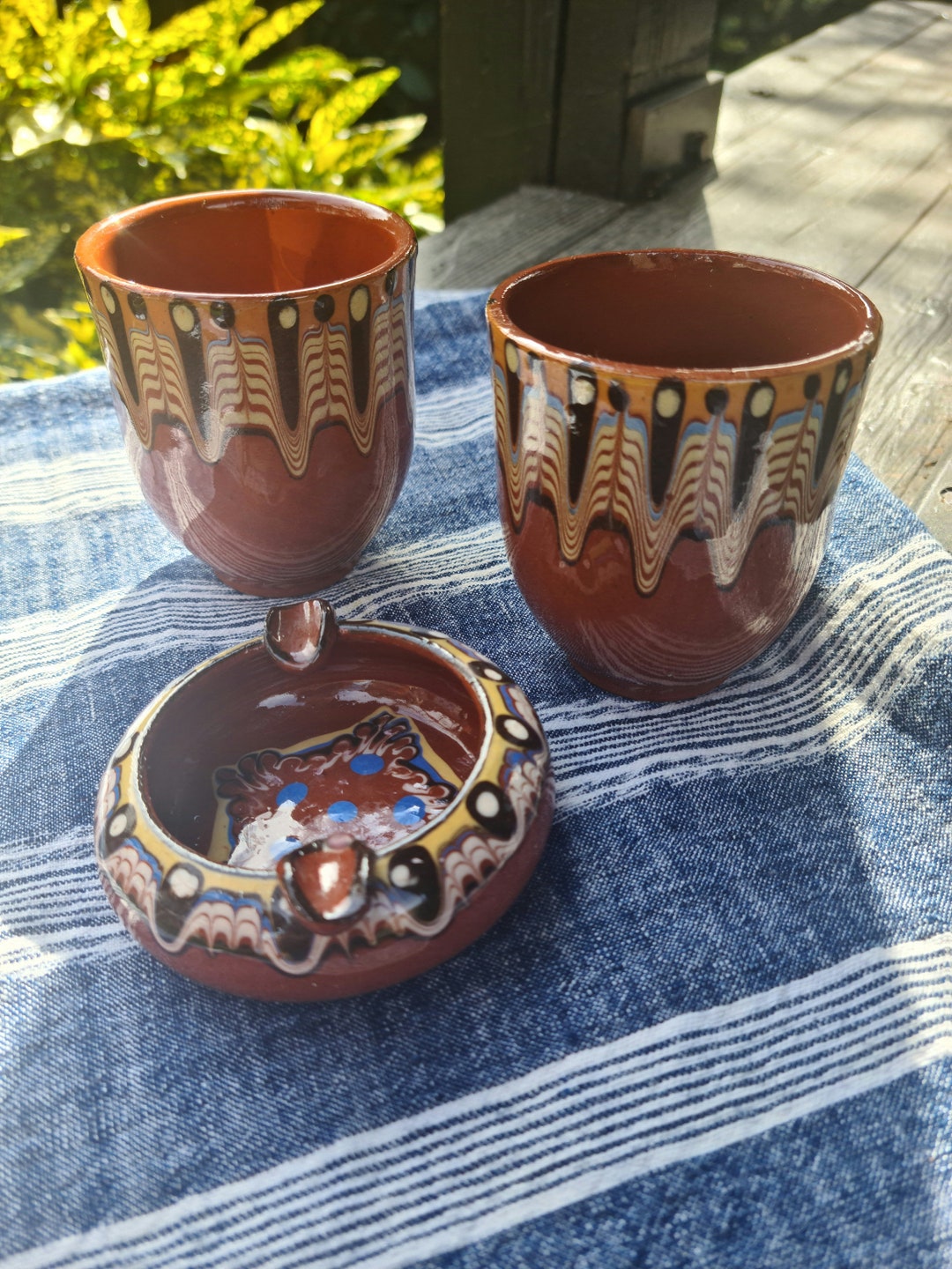 Vintage Ceramic Set, Vintage Ceramic Ashtray and 2 Cups, Hand Painted Ceramic Set, Traditional