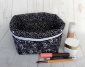Black White Storage Basket. Small Monochrome Floral Fabric Bin for Jewellery, Trinkets, Hair Accessories, Make Up, Beauty Items or Keys.