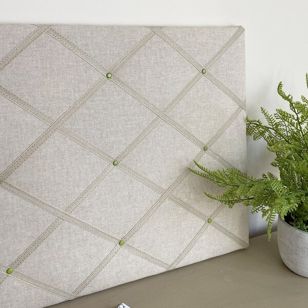 Plain Neutral & Green Memo Board. Padded Fabric Notice Board.  Approx  41 x 51 cm / 20" x 16"