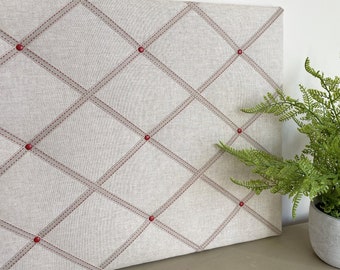 Natural & Red Memo Board. Neutral Linen Look Padded Fabric Noticeboard. App 40 x 50 cm / 20" x 16"