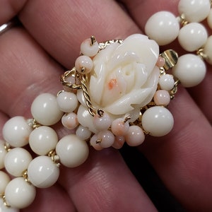 Vintage Angel Skin Natural Coral three-row bracelet 6.5&quot; 14K Rose gold