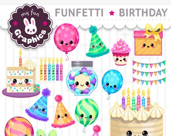 Funfetti Birthday Kawaii Clip Art, Cute Birthday Clipart